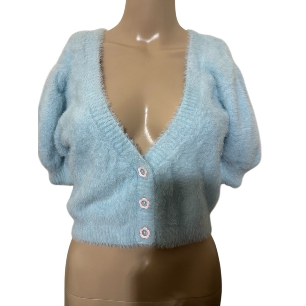 For Love And Lemons Devon cropped blue Fuzzy Cardigan - Picture 3 of 6